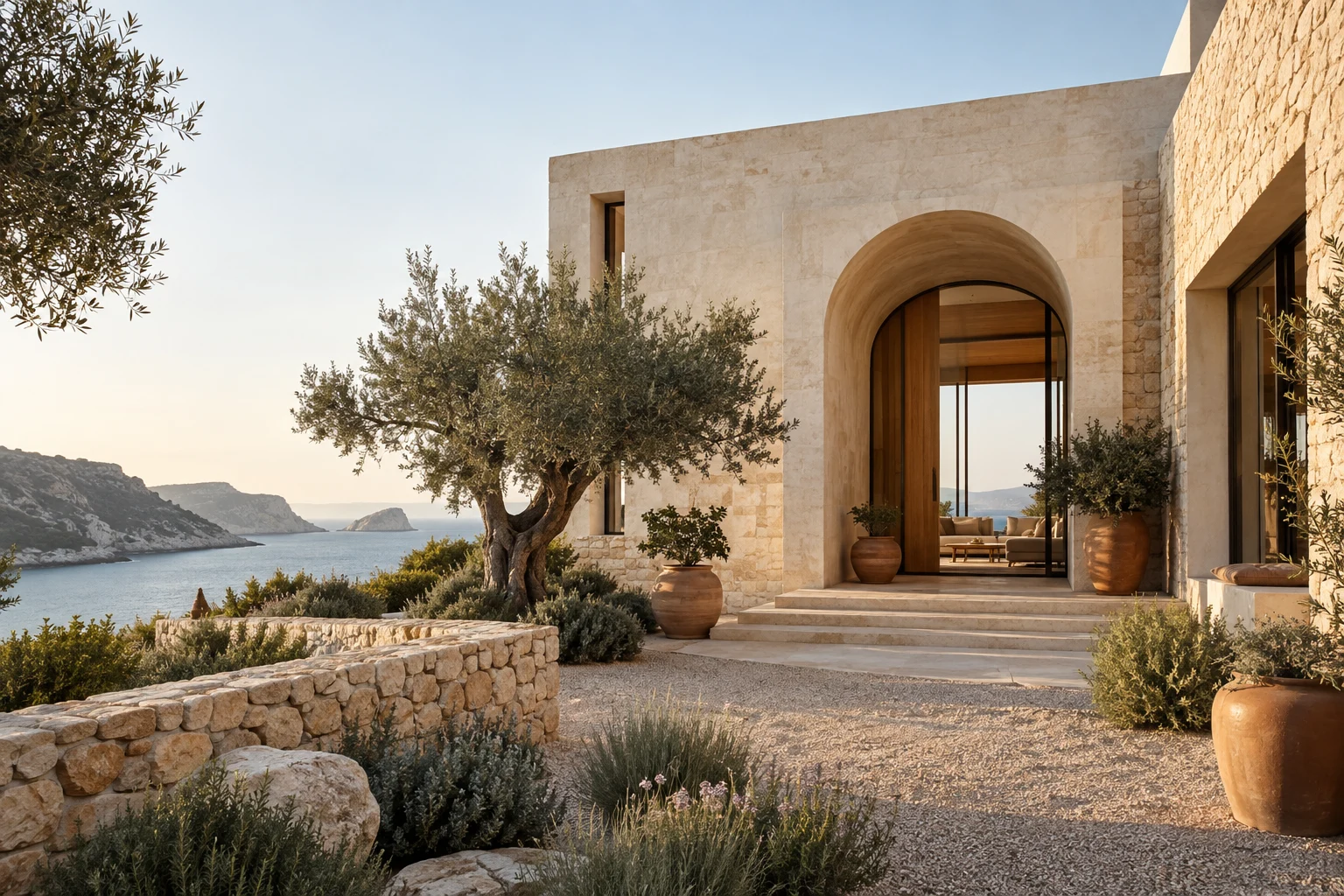 Original fictional limestone courtyard house with an arched entrance
