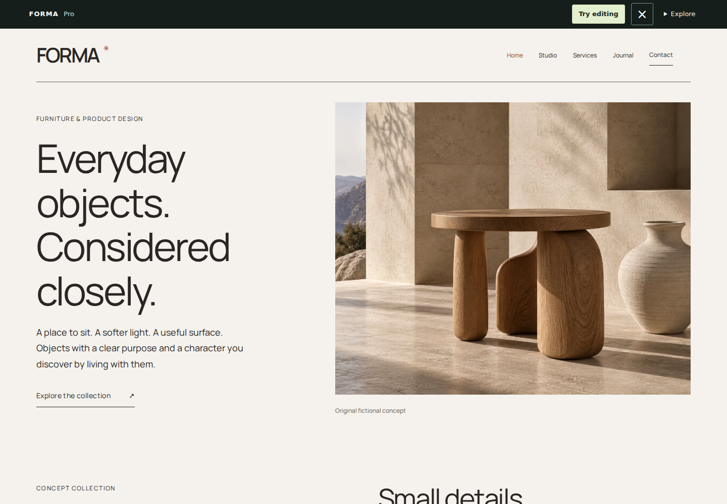 Object starter website with fictional concept imagery