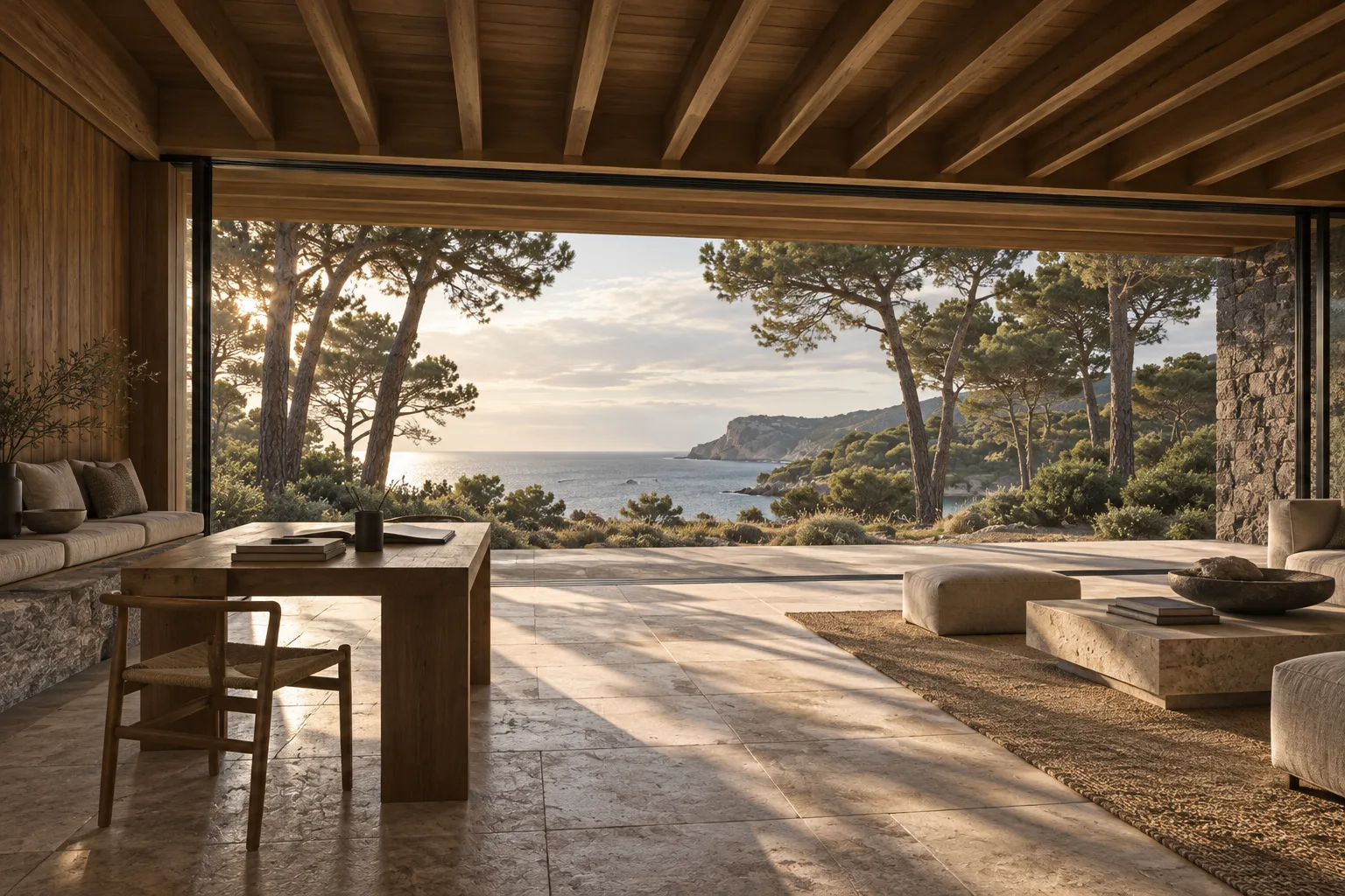 Fictional timber pavilion interior opening toward a coastal landscape