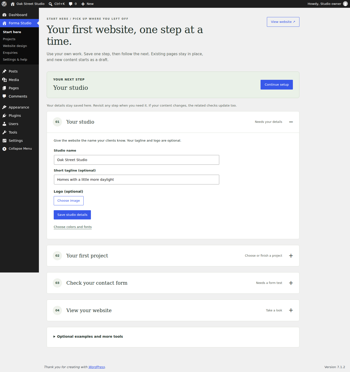 Historical FORMA 1.4.0 Start here screen with four steps: Your studio, Your first project, Check your contact form and View your website