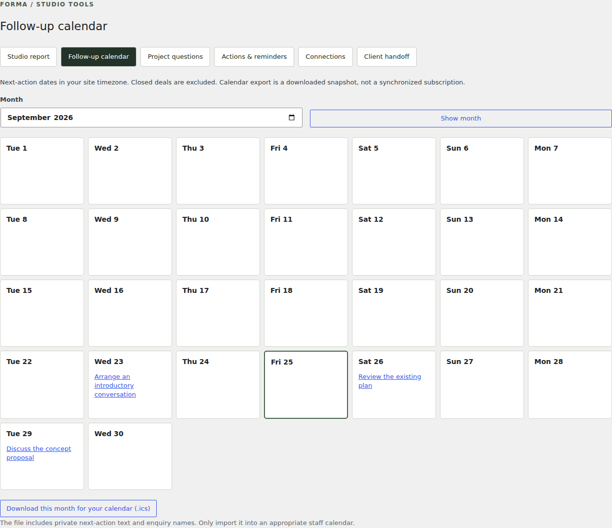 Pro / Follow-up calendar — actual FORMA 1.3.0 interface