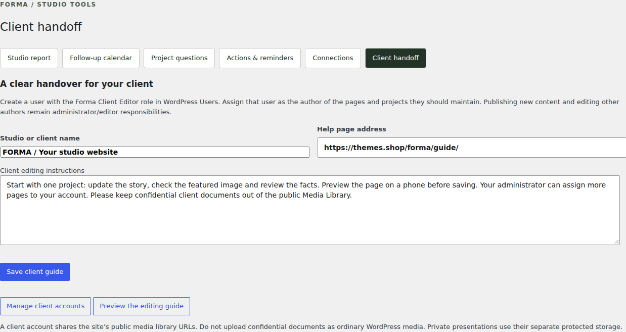 Pro / Client handoff — actual FORMA 1.3.0 interface