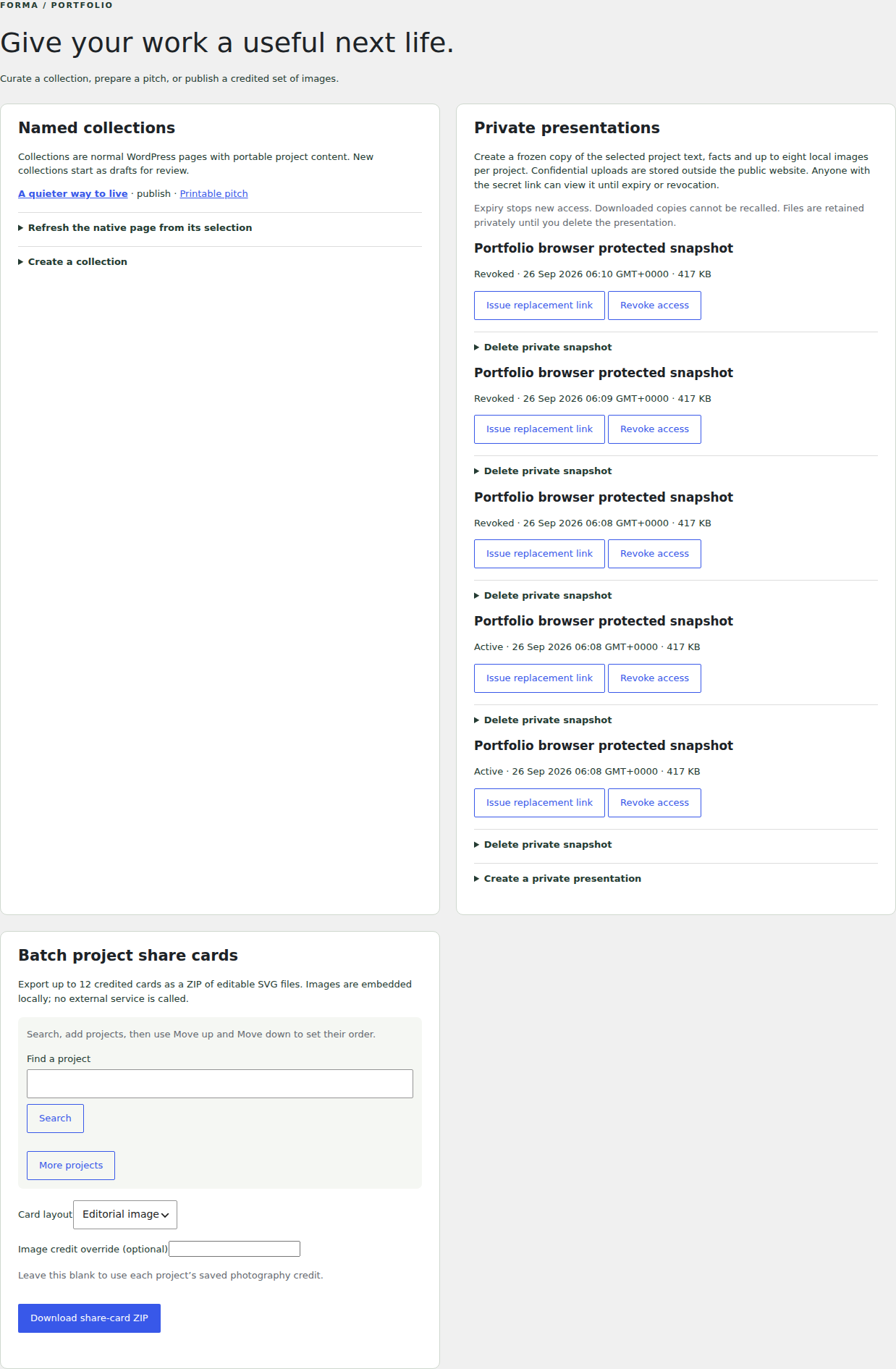 Pro / Portfolio tools — actual FORMA 1.3.0 interface