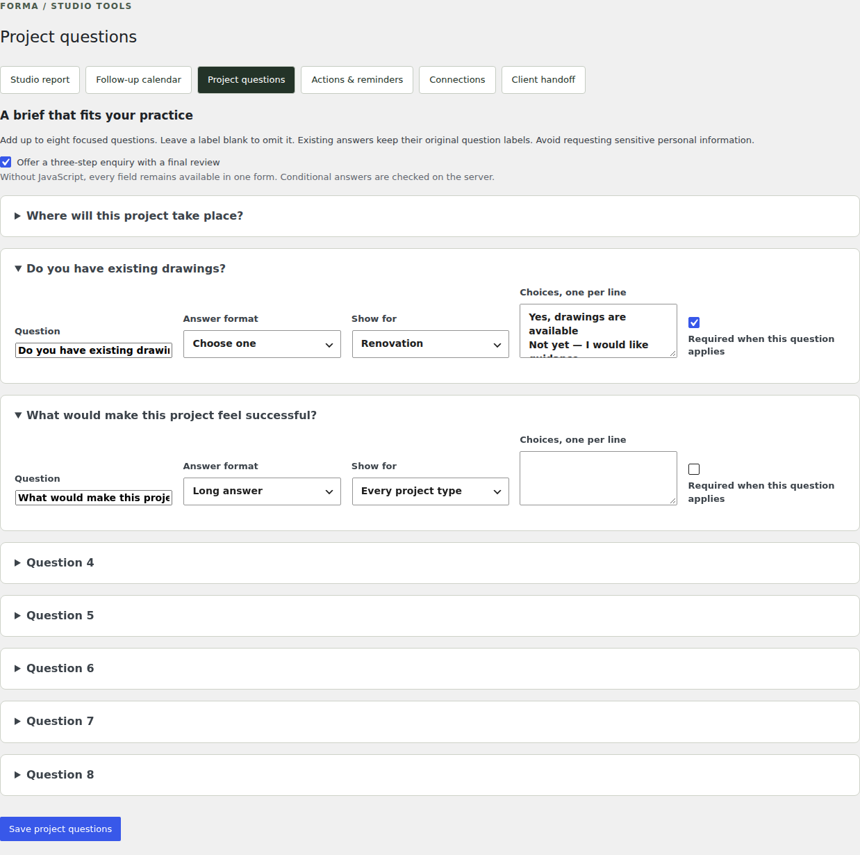 Pro / Project questions — actual FORMA 1.3.0 interface