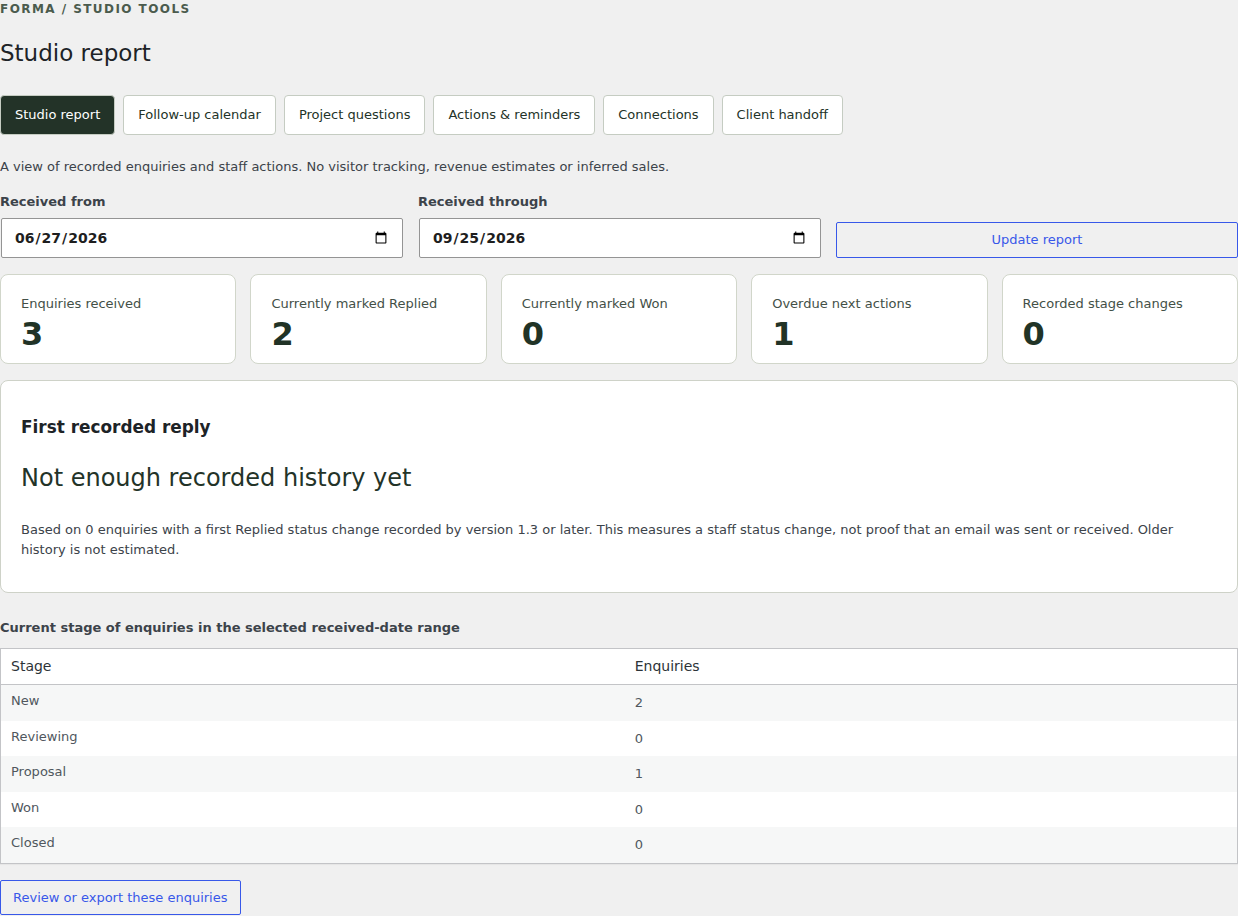 Pro / Recorded workflow reports — actual FORMA 1.3.0 interface