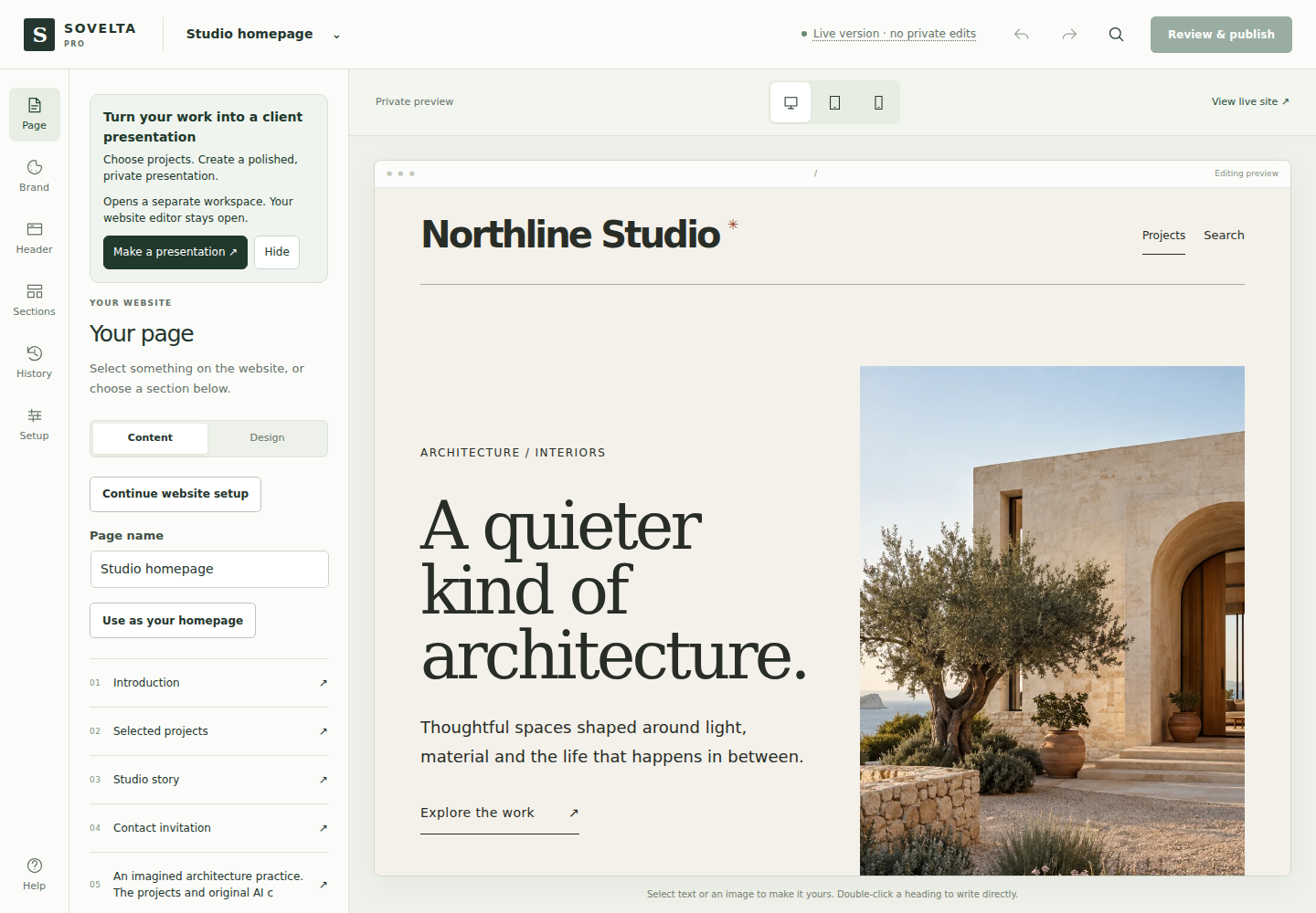Actual Sovelta Pro 1.10.0 editor with presentation tools and a fictional Northline Studio website preview