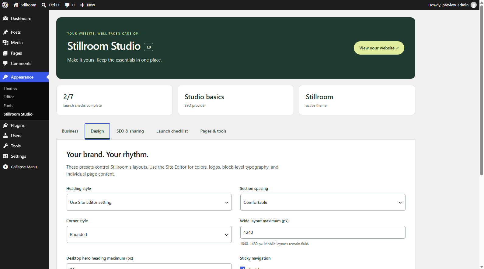 Stillroom Studio dashboard inside WordPress with business, design, SEO, launch checklist and pages tabs