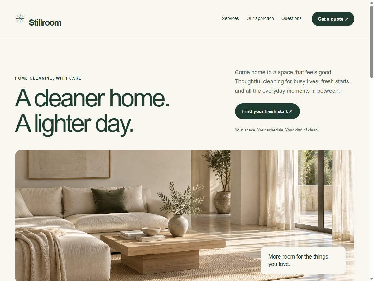 Stillroom homepage with forest-green typography and a bright, calm living room