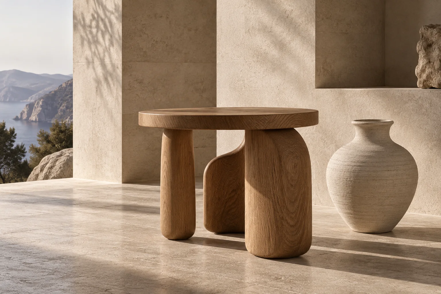 Fictional collection of sculptural furniture and small objects in a quiet studio setting.