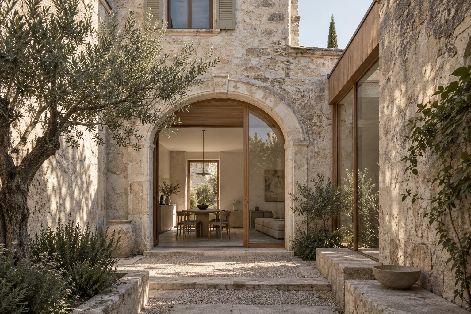 Fictional renovation study combining an aged masonry courtyard with a restrained contemporary addition.