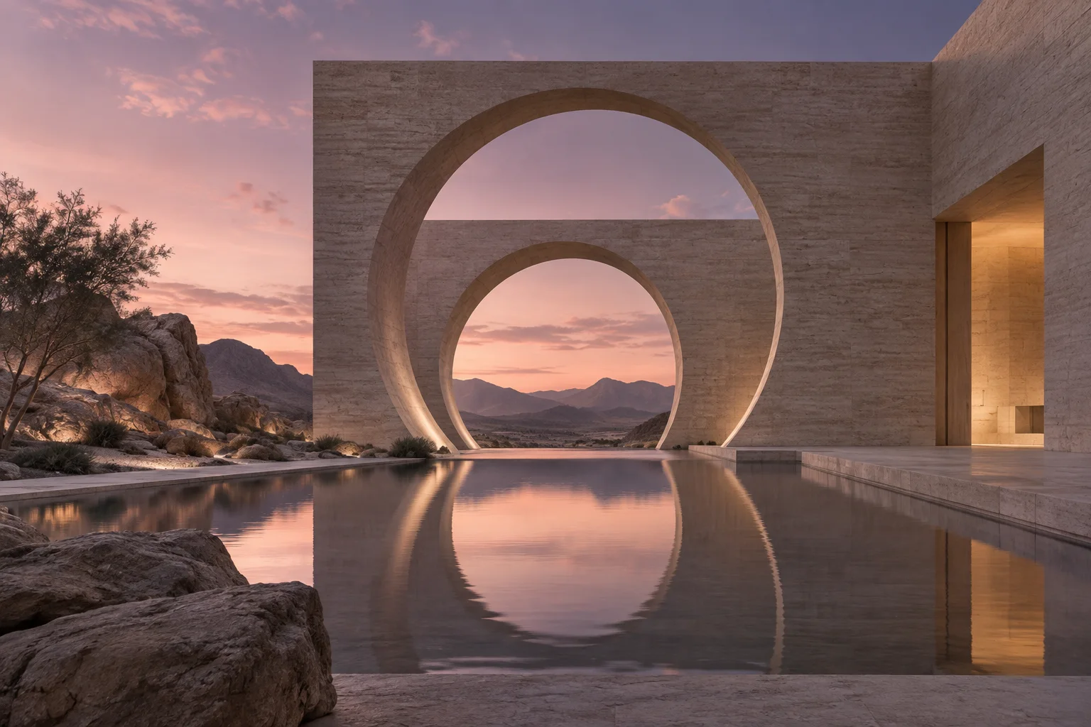 Fictional architectural visualization of a sculptural gallery in atmospheric light.