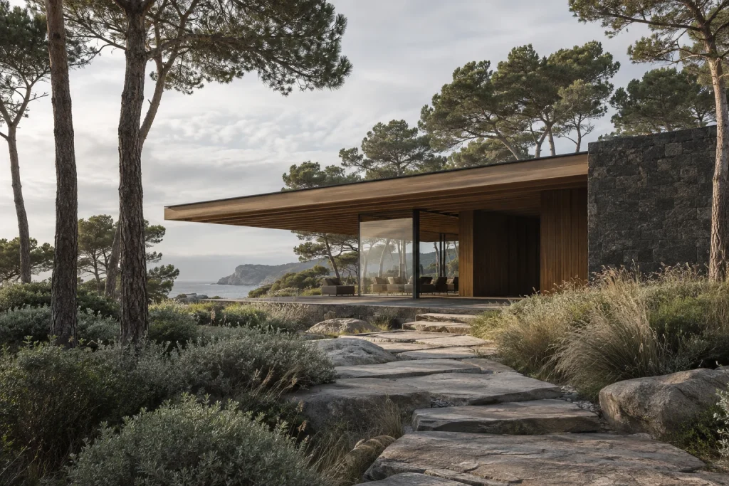 Original AI architectural concept: a restrained pavilion set among olive trees.