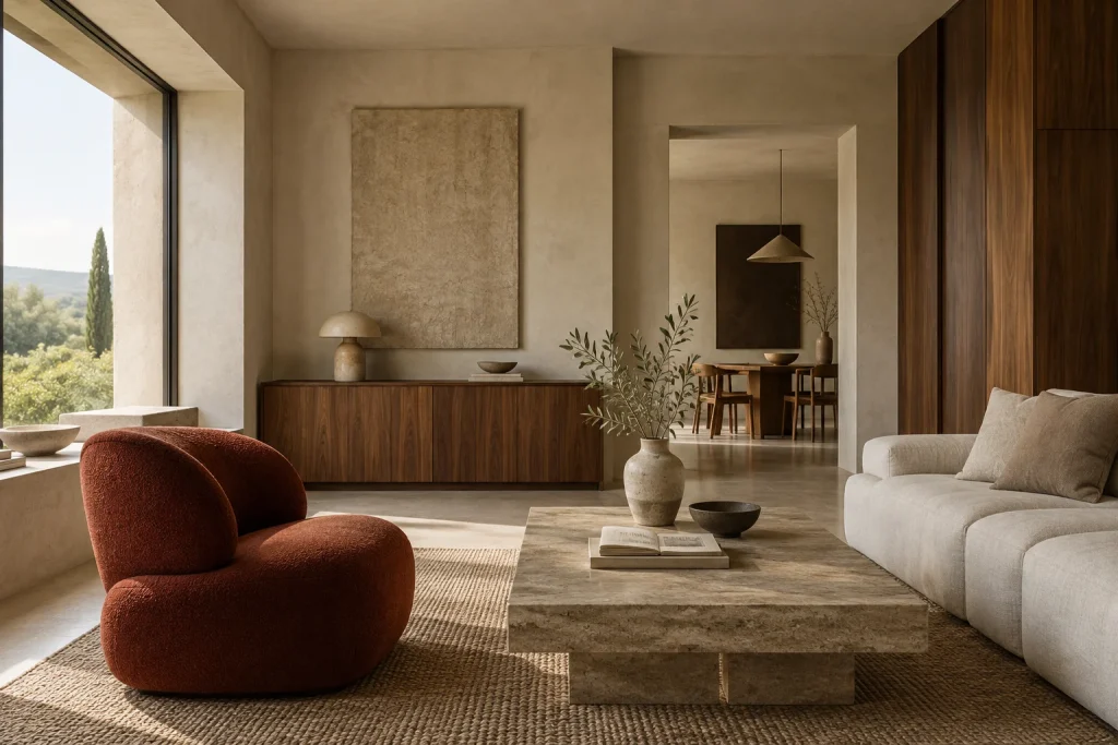 Original AI interior concept: warm timber, sculptural seating and soft Mediterranean light.
